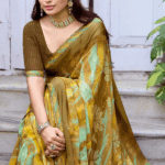 Sandy Taupe Fancy Chiffon Digital Print Saree With Foil Print And Fancy Border - Image 2